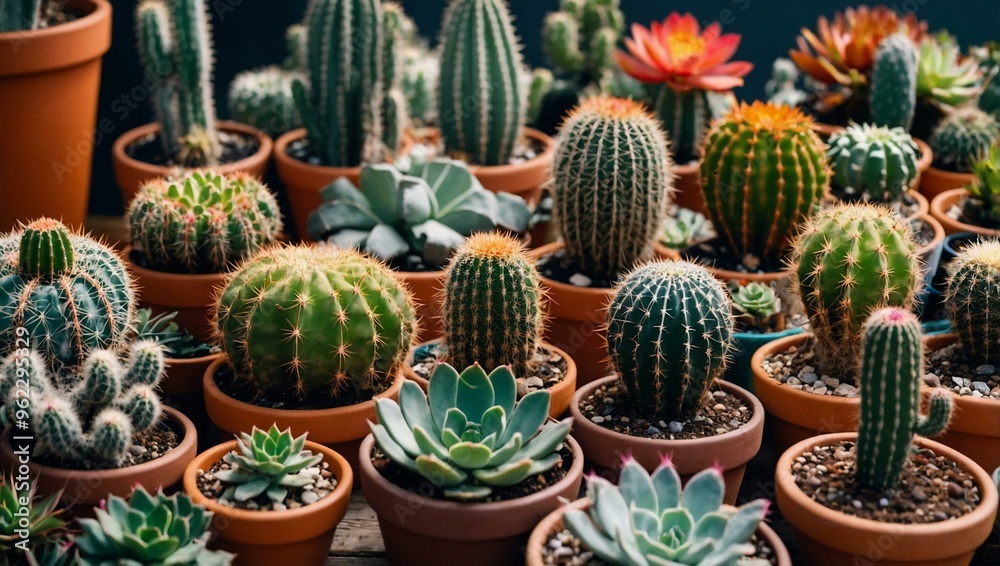 A colorful collection of potted cacti, each with unique shapes and textures for decor enthusiasts. A colorful collection of potted cacti, each with unique shapes and textures for decor enthusiasts.