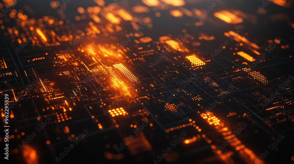 Futuristic abstract background featuring a holographic interface with glowing data visualization elements in orange and black tones Futuristic abstract background featuring a holographic interface with glowing data visualization elements in orange and black tones