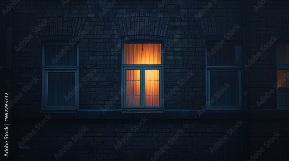 A single window glows warmly against the cold, dark exterior of a brick building. The contrast between the soft light and the surrounding darkness evokes a sense of solitude and mystery, ideal for A single window glows warmly against the cold, dark exterior of a brick building. The contrast between the soft light and the surrounding darkness evokes a sense of solitude and mystery, ideal for
