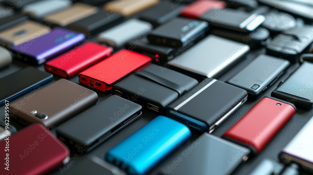 A diverse array of modern portable power banks in various colors and designs displayed in a grid pattern. The image emphasizes the sleek, contemporary design of these essential electronic devices. A diverse array of modern portable power banks in various colors and designs displayed in a grid pattern. The image emphasizes the sleek, contemporary design of these essential electronic devices.