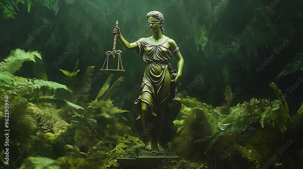 Fototapeta premium Lady Justice Statue in a Mystical Forest Setting
