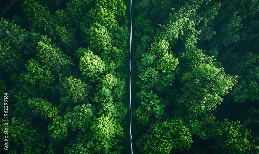 Aerial View of a Forest Road Cutting Through Lush Green Trees Aerial View of a Forest Road Cutting Through Lush Green Trees