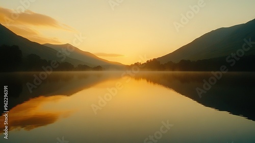  A lake encircled by peaks, bathed in evening sunlight and dotted with wispy clouds