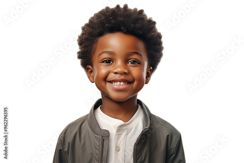 Young black boy smiling on transparent background. PNG cut out. Vector. Childhood themes. African boy. Afro-American boy. Image for graphic designer. Image for flyers.