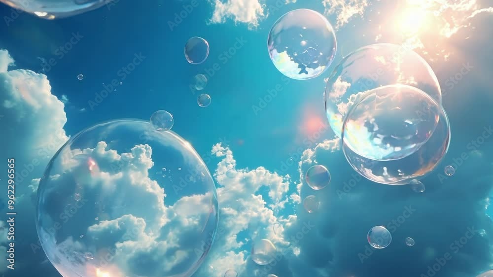 Many soap bubbles are floating in a blue sky with the sun shining behind, representing the concept of financial instability Many soap bubbles are floating in a blue sky with the sun shining behind, representing the concept of financial instability