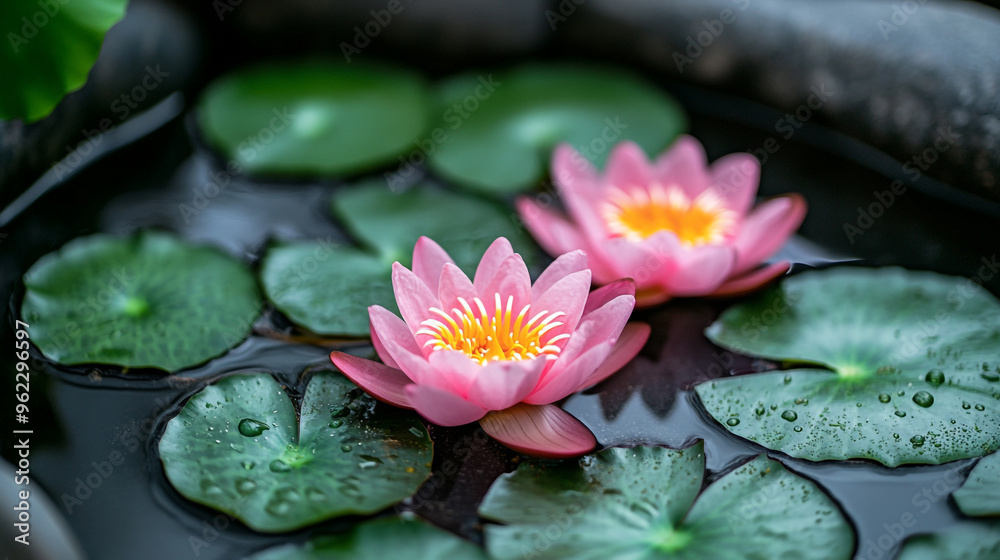 Serene water lilies blooming in a tranquil pond surrounded by lush green leaves on a peaceful afternoon Serene water lilies blooming in a tranquil pond surrounded by lush green leaves on a peaceful afternoon