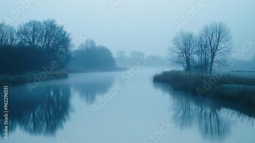  A foggy forest surrounds a placid lake with no one present