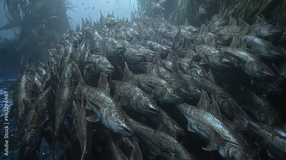 Large schools of fish swim alongside smaller ones on a water body covered in algae Large schools of fish swim alongside smaller ones on a water body covered in algae