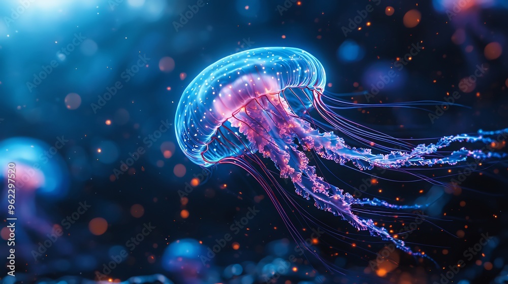 Naklejka premium Glowing jellyfish a deep blue ocean with bioluminescent colors creating a mystical scene
