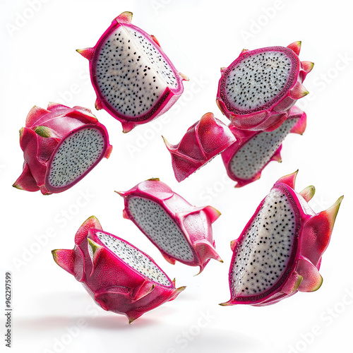 Sliced Dragon Fruit Pieces Floating in Mid-Air