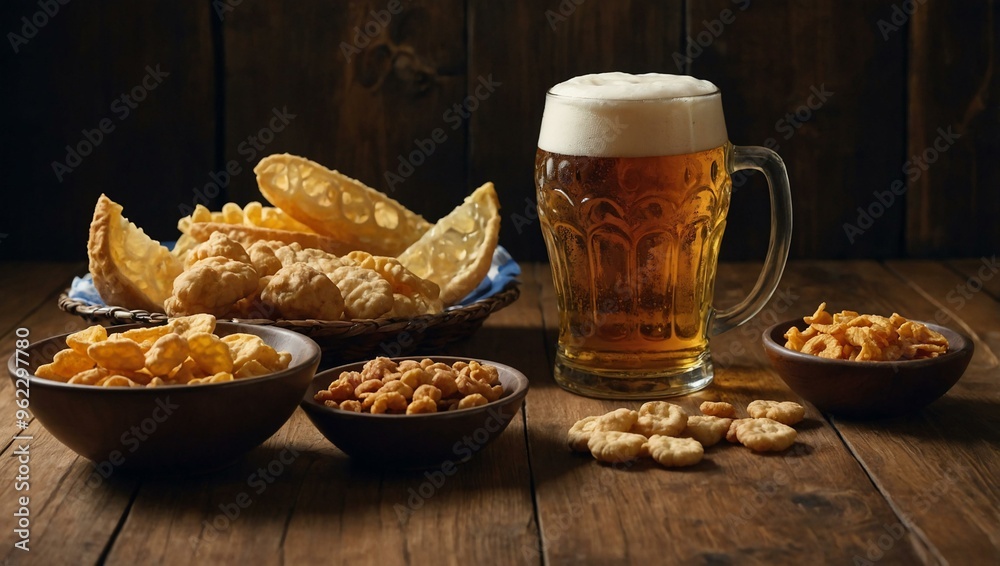 A lager beer alongside assorted snacks on a wooden surface, with space available for text or design elements. A lager beer alongside assorted snacks on a wooden surface, with space available for text or design elements.
