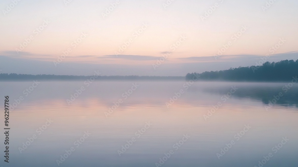 A water body surrounded by trees, with a hazy sky overhead and distant clouds in view A water body surrounded by trees, with a hazy sky overhead and distant clouds in view