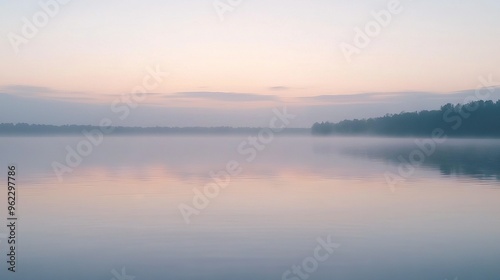   A water body surrounded by trees, with a hazy sky overhead and distant clouds in view