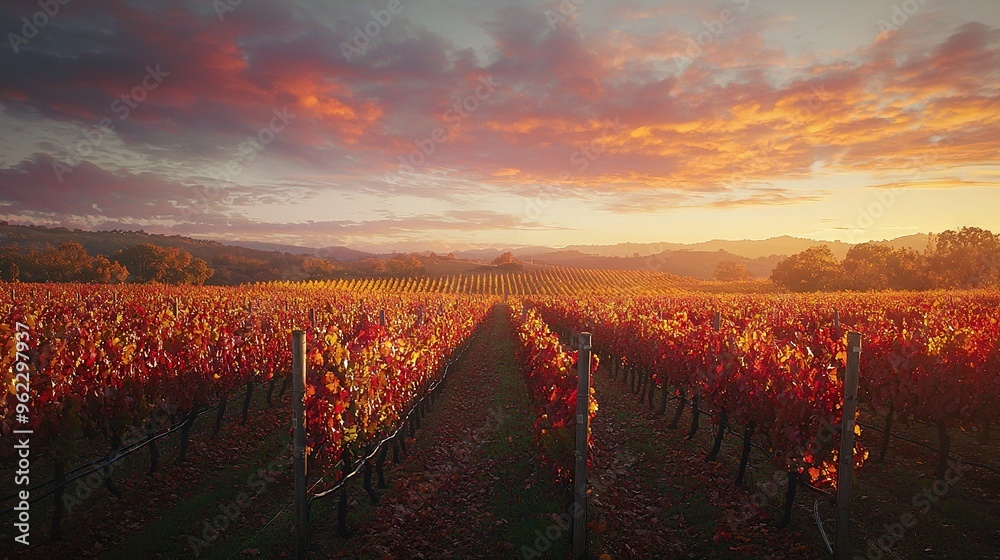 Obraz premium A vineyard's sunset silhouette is captured, with vines in the foreground and majestic mountains in the background