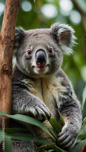 A lovable koala rests against a light green background, captured in full ultra HD.