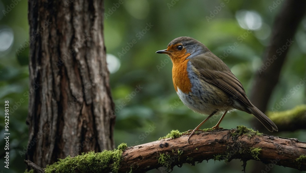 A male robin perches on a dead tree in the forest, surveying its surroundings with vigilance. A male robin perches on a dead tree in the forest, surveying its surroundings with vigilance.