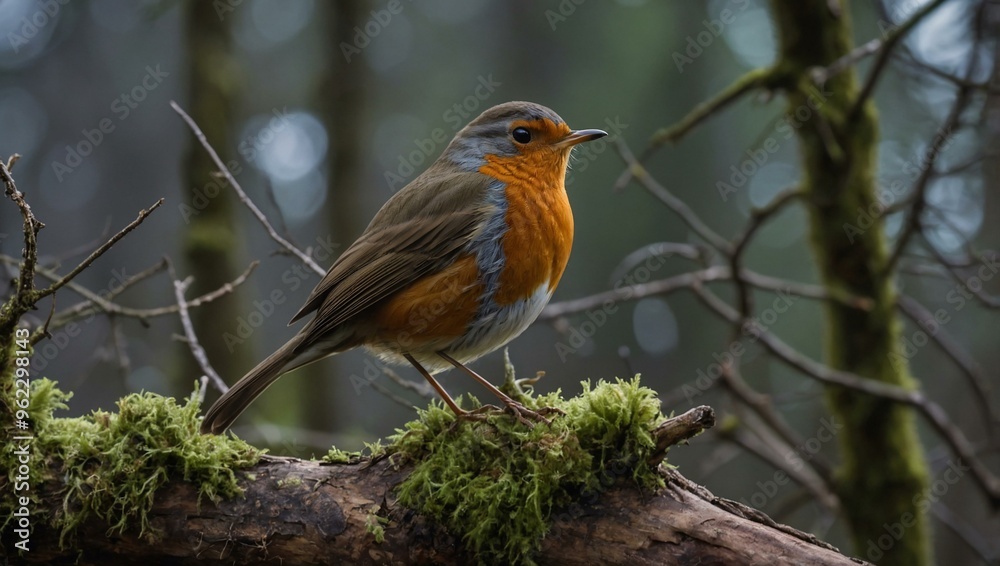 A male robin perches on a dead tree in the forest, surveying its surroundings with vigilance. A male robin perches on a dead tree in the forest, surveying its surroundings with vigilance.
