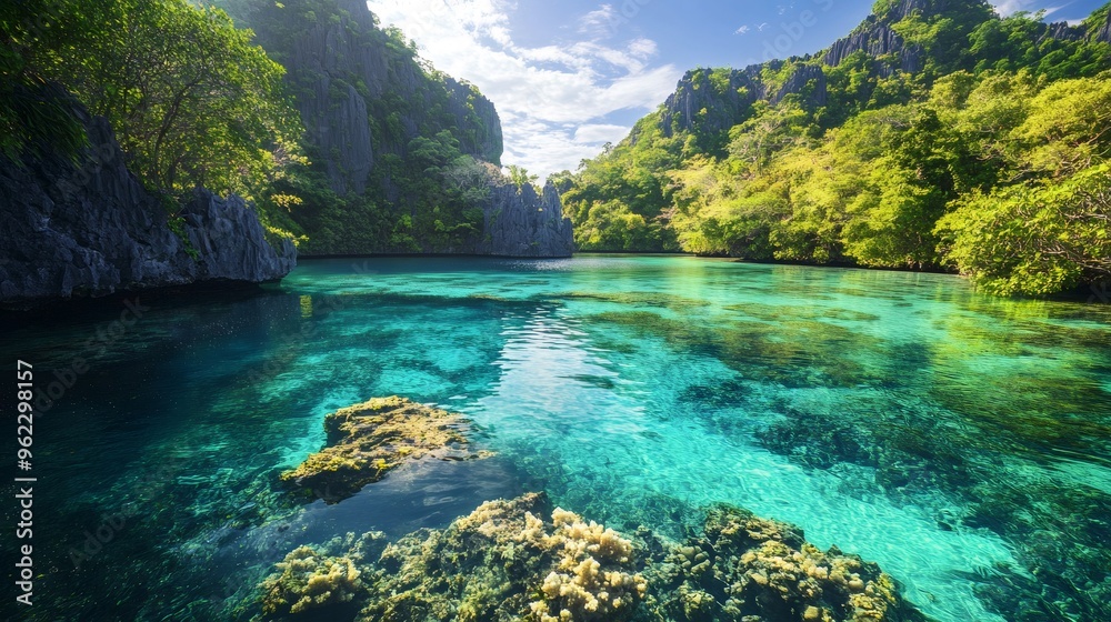 Tranquil turquoise lagoon surrounded by lush green cliffs, revealing a glimpse of underwater coral reefs.
