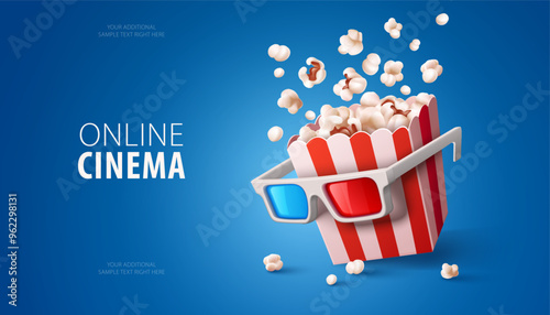 Online movie cinema concept. Popcorn in a paper cup and 3d glasses for movies films watching Banner with blue background online web tv browsing popcorn. Vector illustration.
