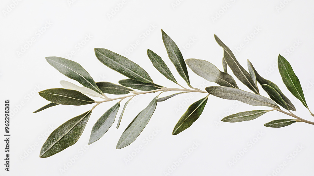 Olive branch with lush green leaves placed against a light background showcasing its intricate texture and shape Olive branch with lush green leaves placed against a light background showcasing its intricate texture and shape