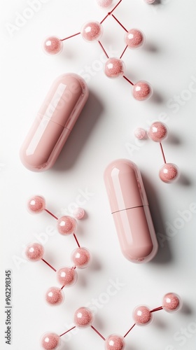 Pink capsules and molecular structure on white background