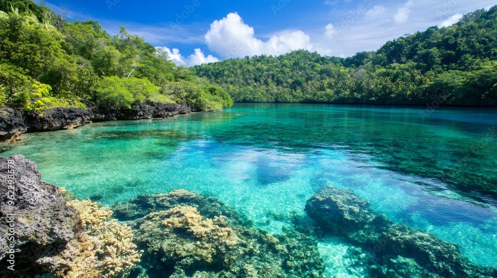 Tranquil turquoise lagoon surrounded by lush green foliage. Tranquil turquoise lagoon surrounded by lush green foliage.