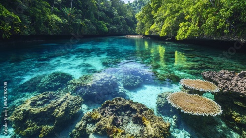 Tranquil turquoise lagoon with visible coral formations and lush green foliage along the banks.