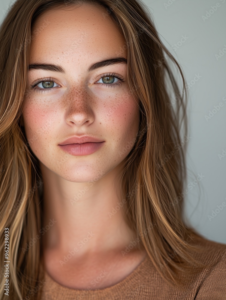 Naklejka premium Freckled young woman with light brown hair and calm expression