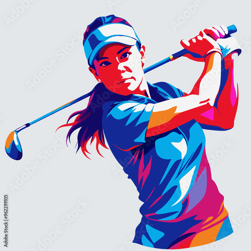 Focused female golfer swinging with precision and skill against a minimalist background
