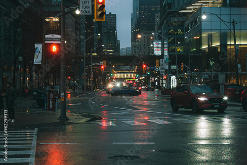 Photography Rainy Evening City Street with Reflections and Traffic Lights