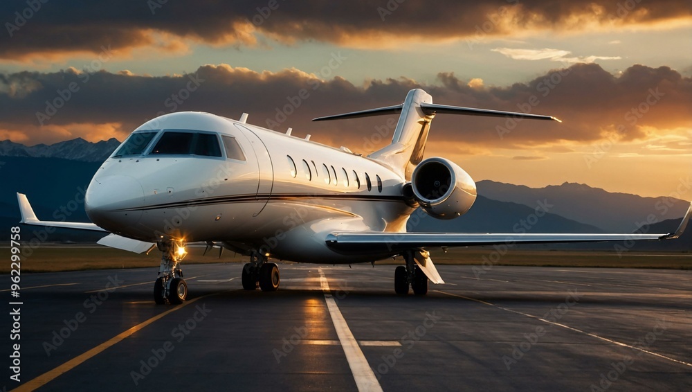 A private jet is prepared for departure on the runway, with a sunset over distant mountains. A private jet is prepared for departure on the runway, with a sunset over distant mountains.