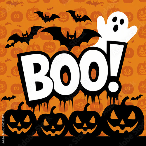 BOO Halloween T-Shirt Design, halloween, pumpkin, autumn, holiday, vector, illustration, bat, set, cat, cartoon, ghost, design, spooky, scary, horror, celebration, orange, october, night, witch, art