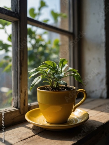 A rustic yellow cup and saucer on a windowsill next to a plant in a worn pot.