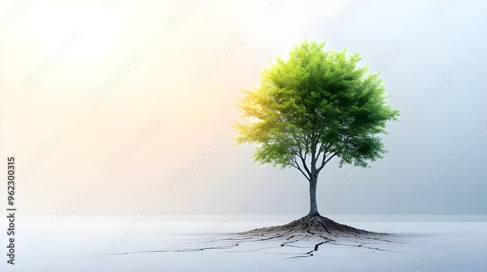 A tree stands in the middle of an empty field, half with green leaves and sunlight on one side. A tree stands in the middle of an empty field, half with green leaves and sunlight on one side.