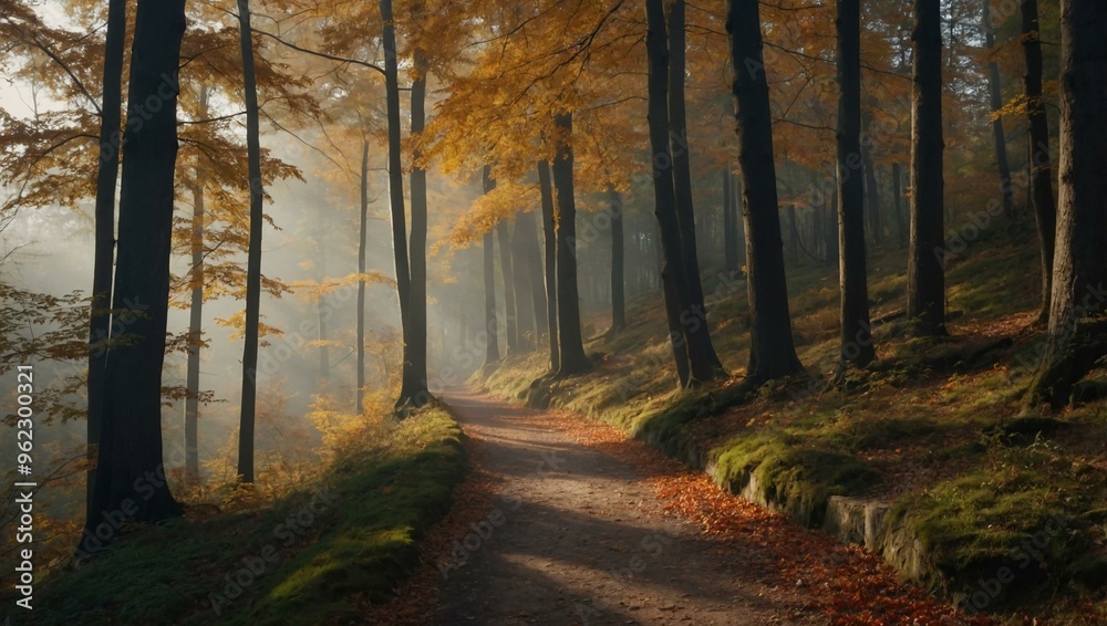 A serene autumn forest path. A serene autumn forest path.