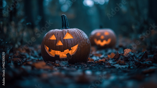 Two glowing jack-o'-lanterns carved with spooky faces on a forest path surrounded by autumn leaves at night