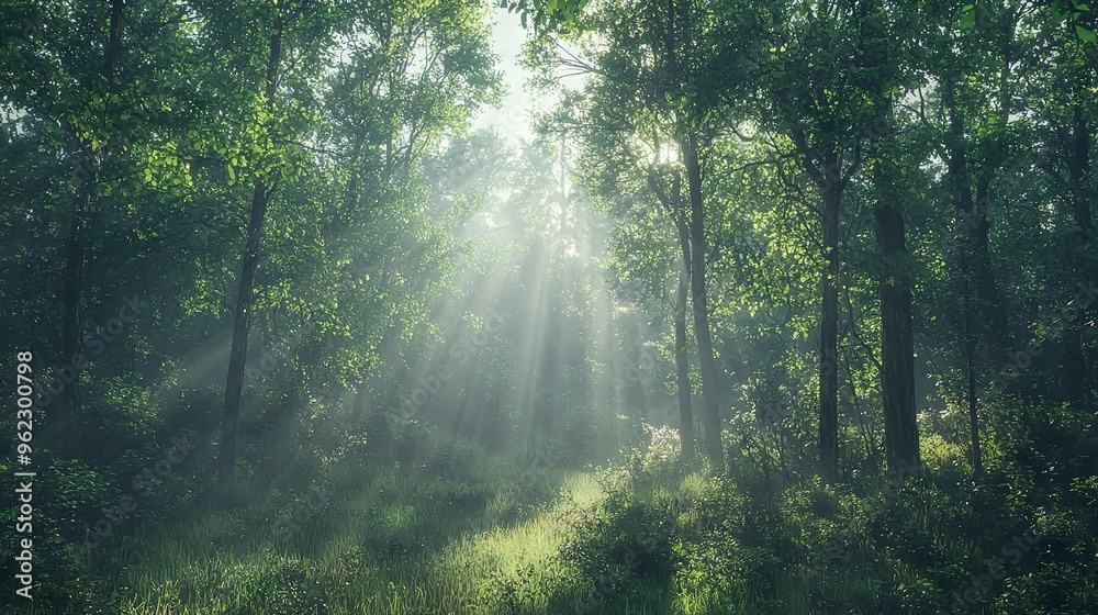 Obraz premium The sun illuminates a forest trail lined with lush green grass and towering trees featuring vibrant leaves