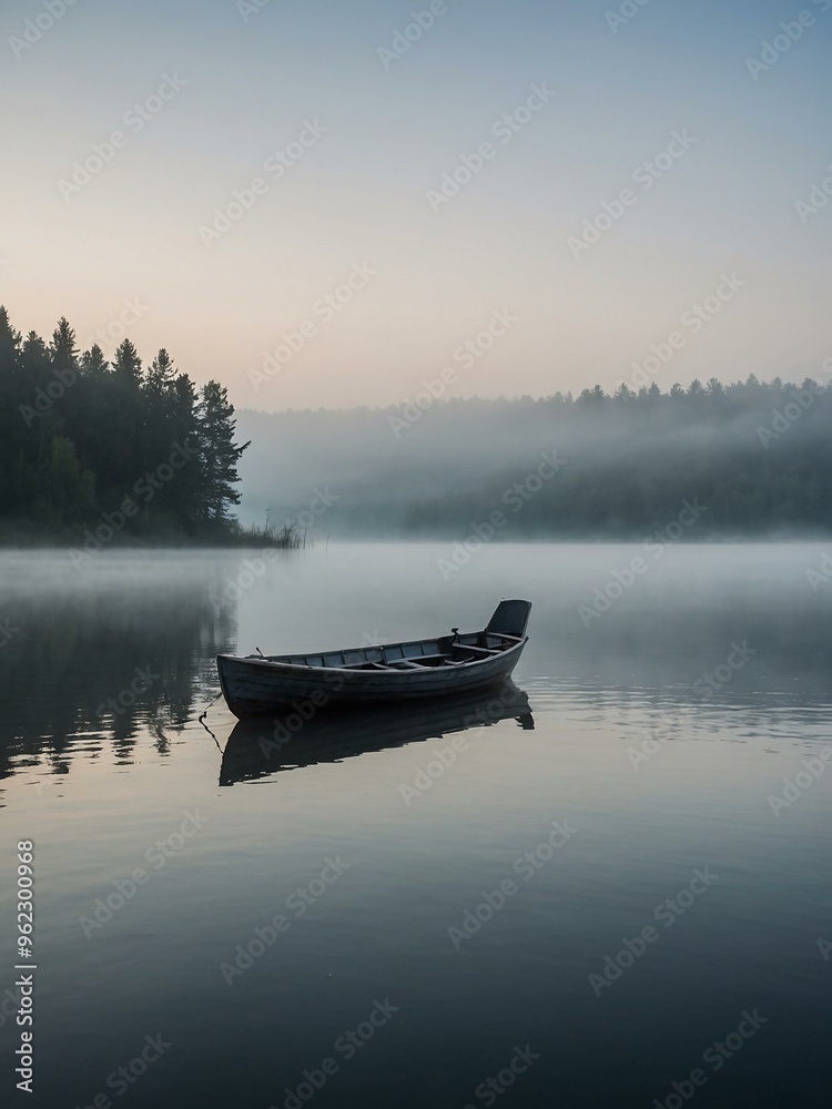 A solitary boat floats on a misty lake in the early morning fog. A solitary boat floats on a misty lake in the early morning fog.