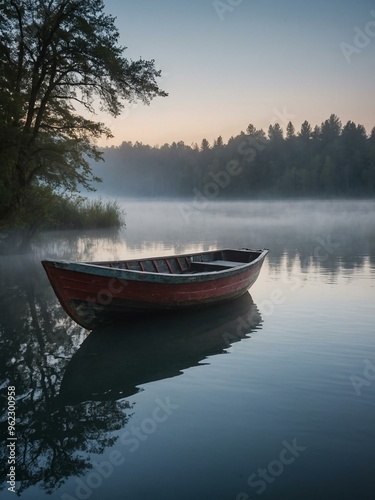 A solitary boat floats on a misty lake in the early morning fog.