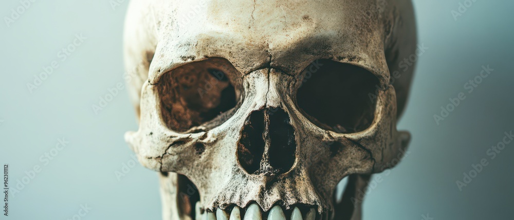 Detailed human skull on display against a neutral background in dim light Detailed human skull on display against a neutral background in dim light