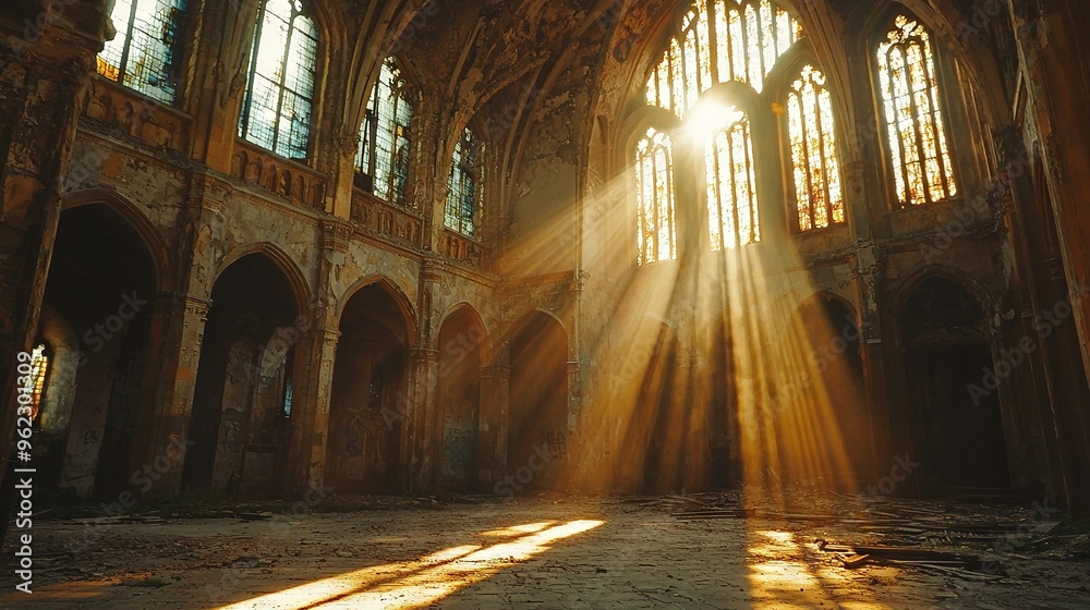 An old building's large room with arches lets sunlight through its windows An old building's large room with arches lets sunlight through its windows