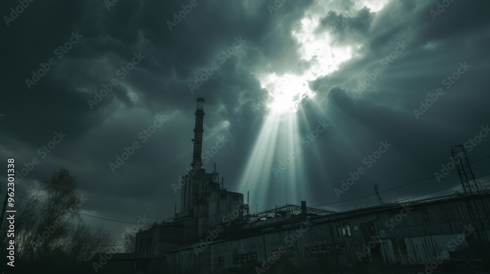 Sunlight beams break through thick clouds, casting light over an industrial building in a moody, dramatic scene. The stark contrast between nature and industry highlights the power and resilience of Sunlight beams break through thick clouds, casting light over an industrial building in a moody, dramatic scene. The stark contrast between nature and industry highlights the power and resilience of
