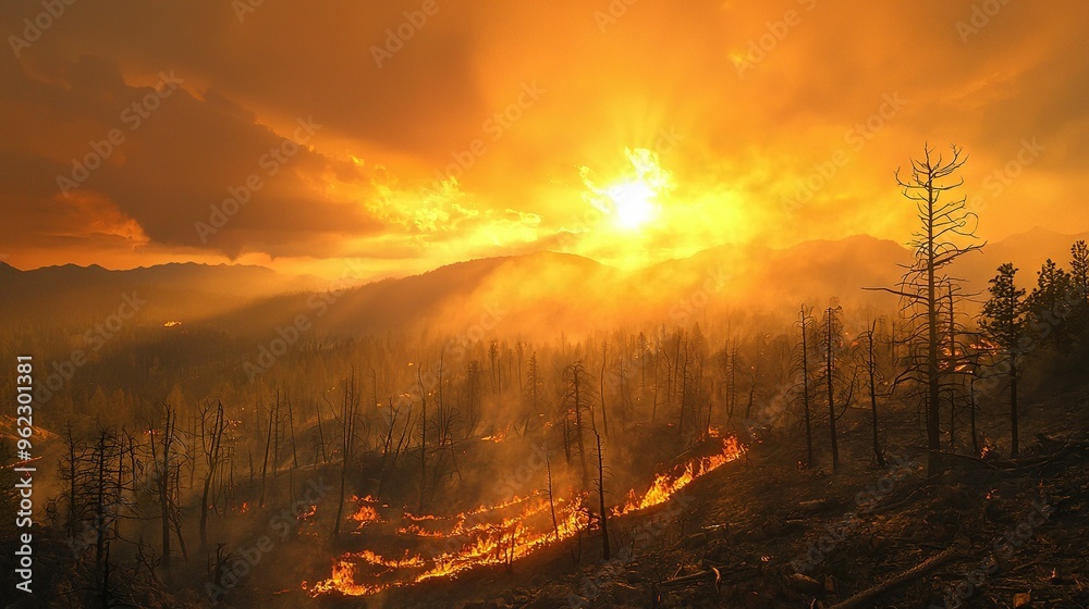 A forest brimming with many trees atop a hillside blanketed in yellow-orange fire retardants A forest brimming with many trees atop a hillside blanketed in yellow-orange fire retardants