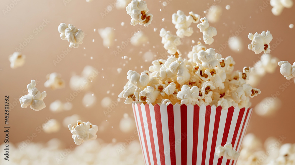 Freshly popped popcorn overflowing from a striped container against a blurred warm background, evoking a cozy cinema vibe Freshly popped popcorn overflowing from a striped container against a blurred warm background, evoking a cozy cinema vibe