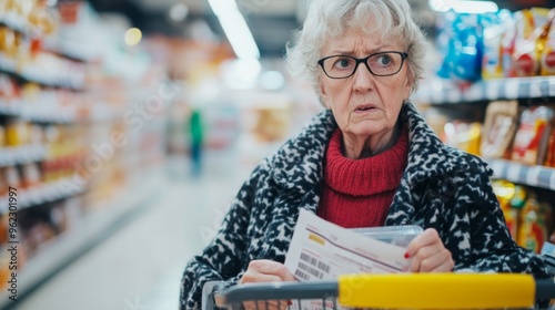 Concerned Elderly Woman Shopping photo