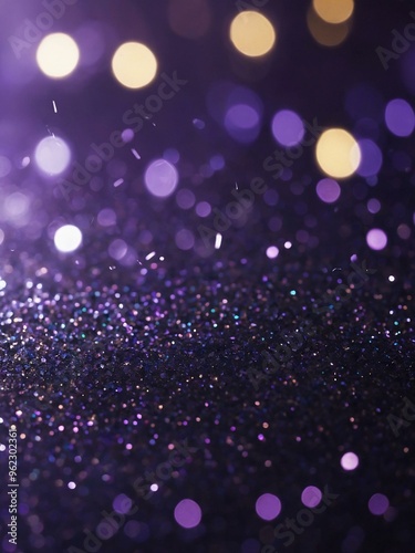 A violet glittery background with holiday lights, featuring an abstract, defocused effect with space for your design.