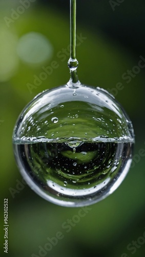 A water droplet in a container set against a natural green background, with space for text.