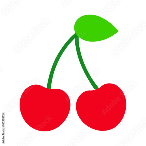 Two red cherries with a green stem and leaf on a white background