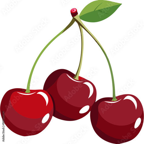 Three glossy red cherries with stems attached and one green leaf