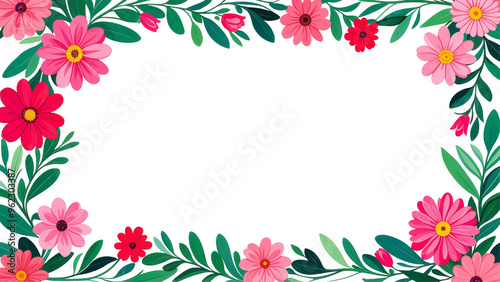 Floral Frame with Pink and Red Flowers and Greenery Border PNG